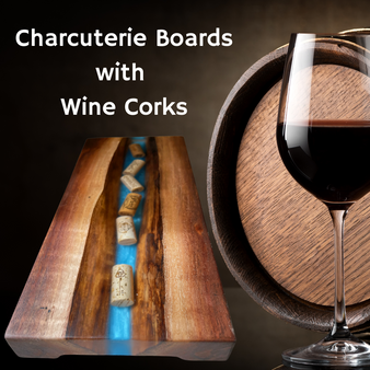 Custom Napa Valley Wine Corks and Rose Wood Charcuterie Cheese Board with Red Wine Epoxy Resin River