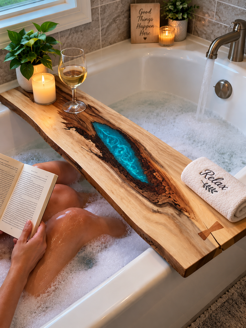 Live Edge Wood & Epoxy Tub Soaker Board – 36" Bathtub Tray