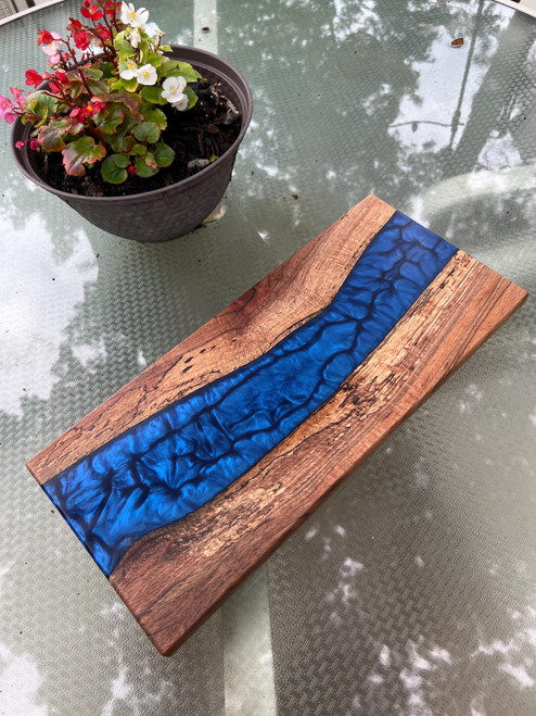 Oak Charcuterie Board & Serving Tray with Dark Blue Epoxy River – 18" x 8"