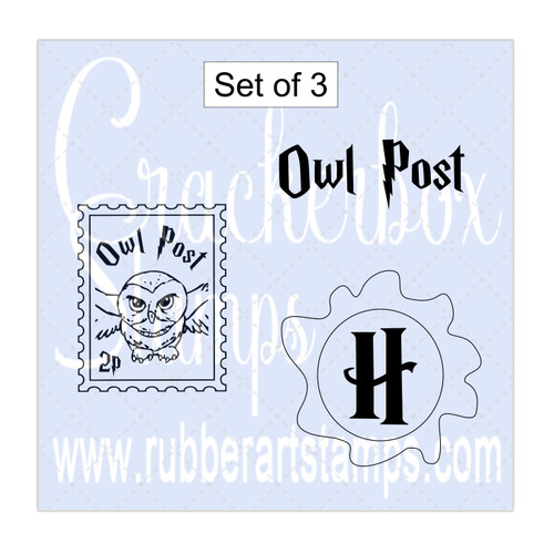Owl Flying Post Stamp & Owl Post Words & Wax Seal Owl Flying Post Stamp & Owl Post Words & Wax Seal