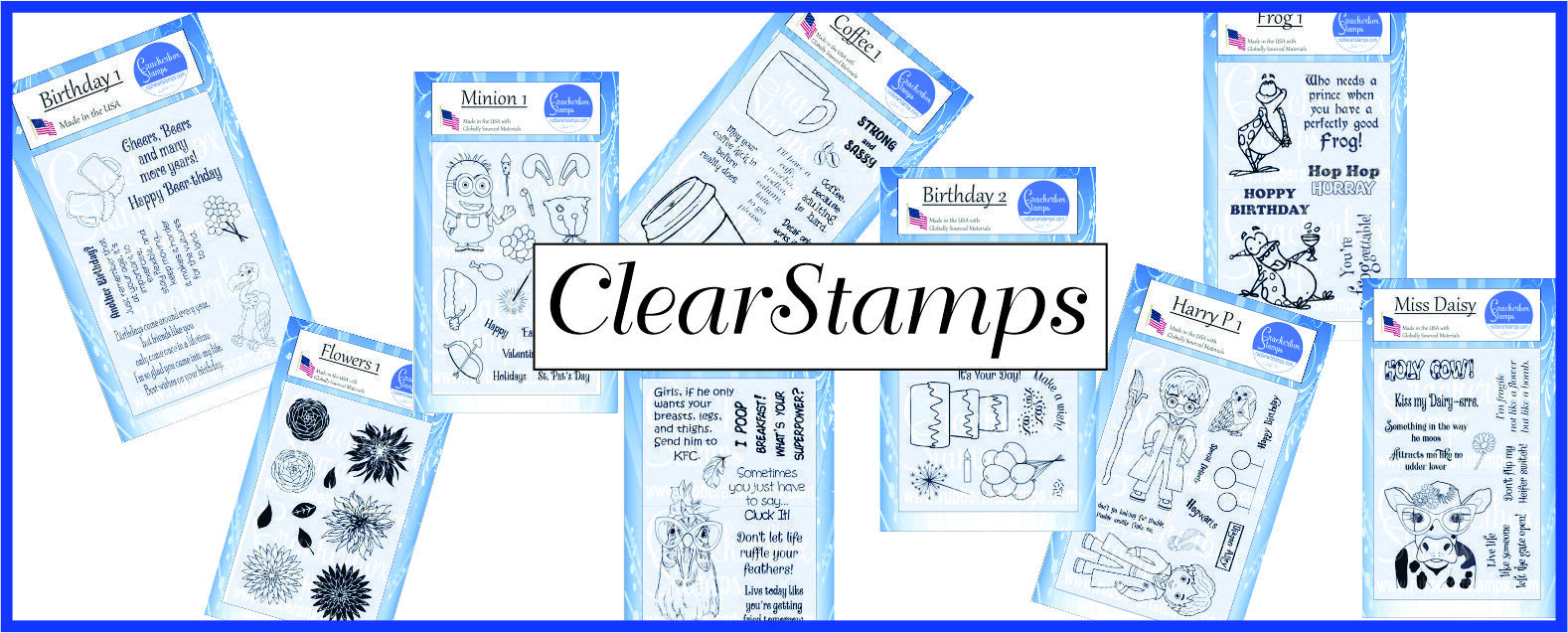 Our premium clear stamp sets are manufactured in the US. They are high-quality polymer and are designed for use with clear acrylic blocks or stamp platforms. They deliver crisp, clean impressions. They seamlessly integrate with rubber stamps or other clear stamps, offering versatility and convenience.
