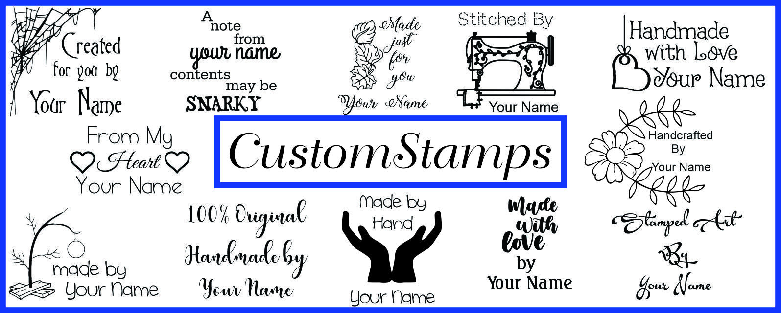 Create beautiful handmade projects with a custom name stamp designed just for you! Our personalized rubber name stamps add a professional finishing touch to handmade cards, scrapbook pages, gift tags, journals, envelopes, packaging, fabric labels, and countless DIY craft projects.
