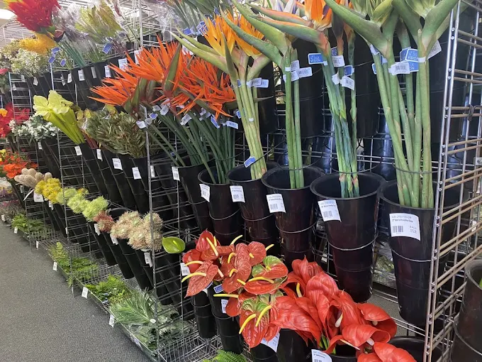 Aisle of vibrant tropical silk flowers on display at Flora-Dec Sales in Honolulu