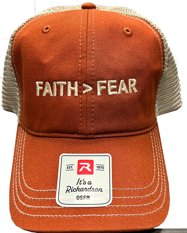 Richardson OSFM© Trucker Hat - Faith > Fear in Texas Orange/Khaki or Black/KhakiOrange/Khaki or