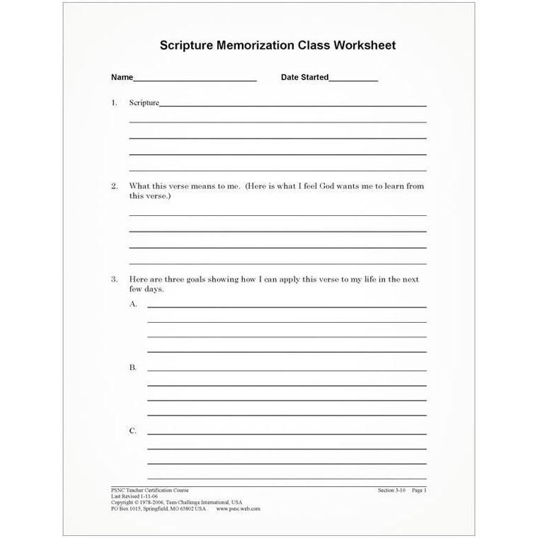 PSNL Scripture Memory Class worksheet (50 pk)