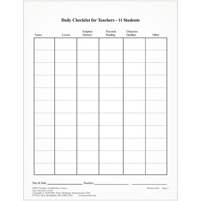 PSNL Daily Checklists: 20 students (50 pk)