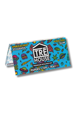 Pack of TRE House rolling papers featuring a bright blue illustrated design with icons and branding.
