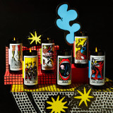 Set of tarot-inspired taper candles by 54 Celsius, each candle labeled with a mystery tarot card design and symbolic illustration.