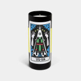 Black glass tarot candle featuring The Sun card illustration with colorful, bold graphic design.