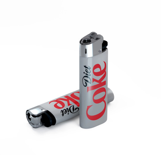 Silver disposable lighter featuring Diet Coke inspired typography and design.