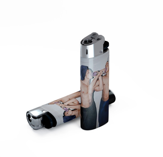 Disposable lighter inspired by Heated Rivalry TV series with towel-themed fandom graphic.