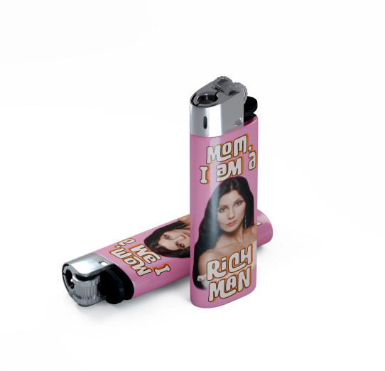 Pink disposable lighter featuring Cher “Rich Man” quote graphic.