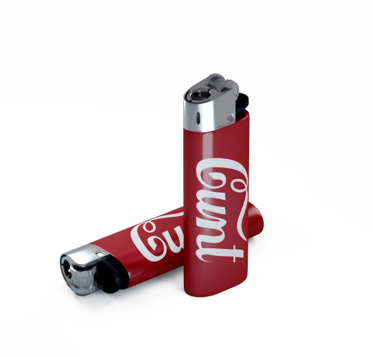 Red disposable lighter featuring parody soda-style typography with irreverent text.