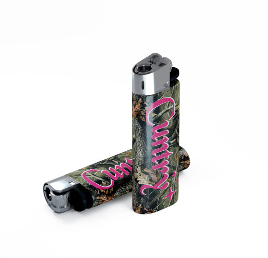 Camouflage disposable lighter with pink script text and country-inspired styling.