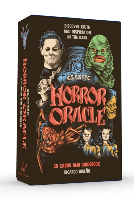 Classic Horror Oracle black card box by Ricardo Diseño, featuring illustrated portraits of Michael Myers, the Creature from the Black Lagoon, Freddy Krueger, and the twins from The Shining.