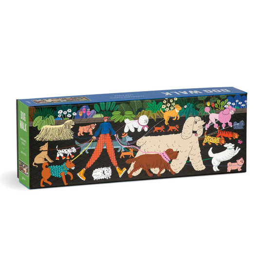 Dog Walk jigsaw puzzle in a rectangular blue and green box featuring a whimsical illustration of a dog walker leading a lively pack of dogs in all shapes, sizes, and colors.