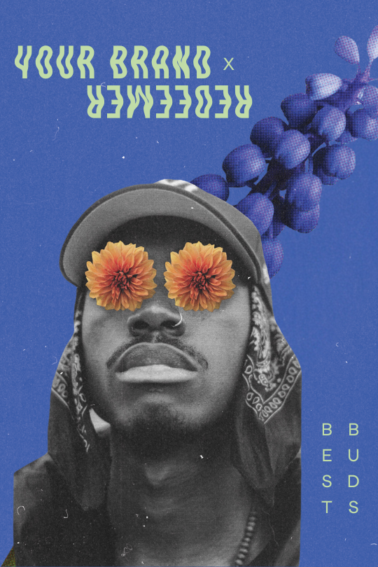 Redeemer Small Batch collaboration graphic featuring a man with flower eyes and text ‘Your Brand x Redeemer – Best Buds’ promoting hemp partnerships.