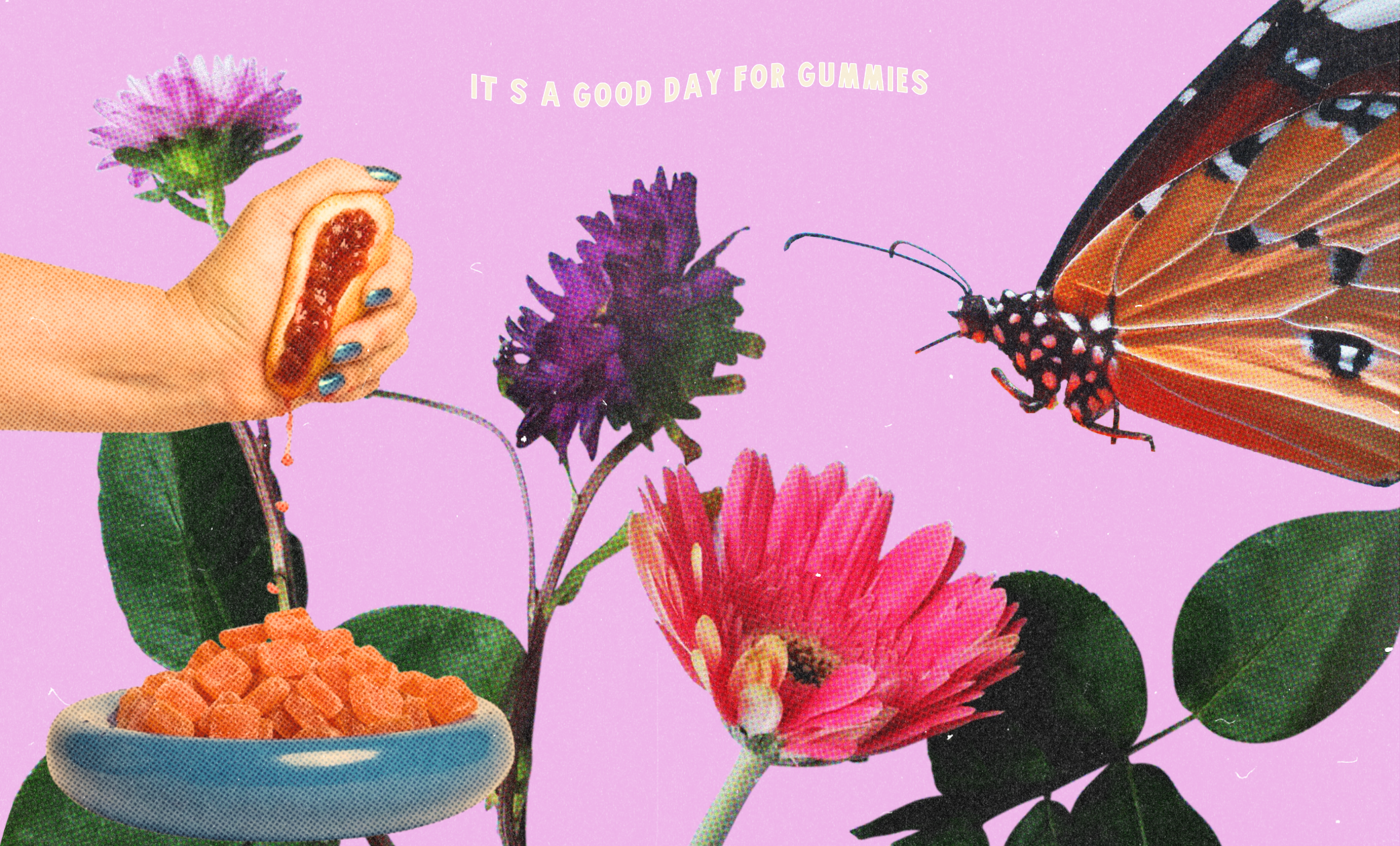 Redeemer Small Batch hemp gummies collage with Blood Orange THC + CBG gummies and Watermelon CBD gummies, tropical fruit, palm leaves, and surfers — a bold summer scene from Austin’s hemp brand that tastes like summer.