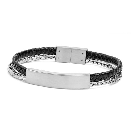 Designer Leather Silver Engraved Bracelet