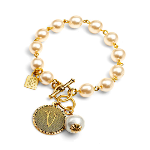 V Initial Gold Plated & Cotton Pearl Bracelet by John Wind