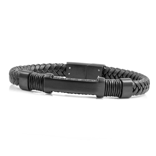 Black Leather Engraved Bracelet for Him