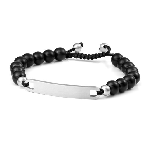 Engraved Black Wood Bead Bracelet for Mens
