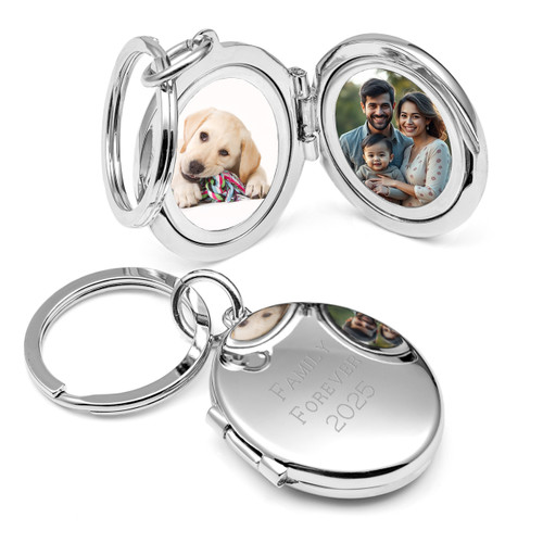 Engraved Two Photo Keychain Oval Locket