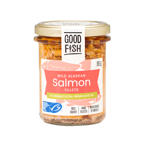 Salmon Line Wild Caught in ORGANIC EV OLIVE OIL 195g Jar - Good Fish