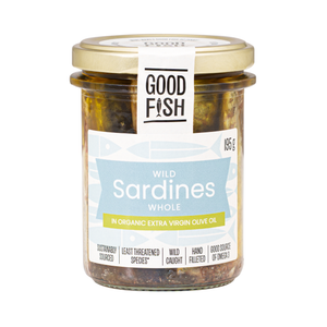 Sardines Line Wild Caught in ORGANIC EV OLIVE OIL 195g JAR - Good Fish