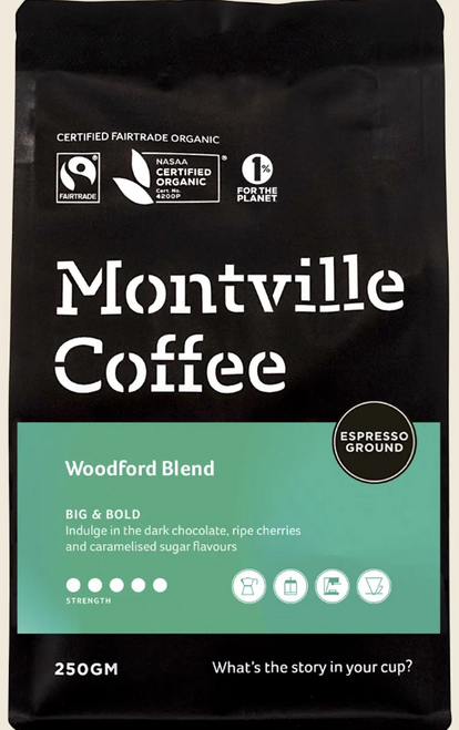 Coffee GROUND Espresso Woodford Blend Organic 250g - Montville Coffee