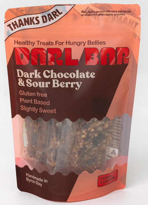 Darl Bar DARK CHOC & SOUR BERRY Organic Ingrds 5 PACK 200g- Thanks Darl