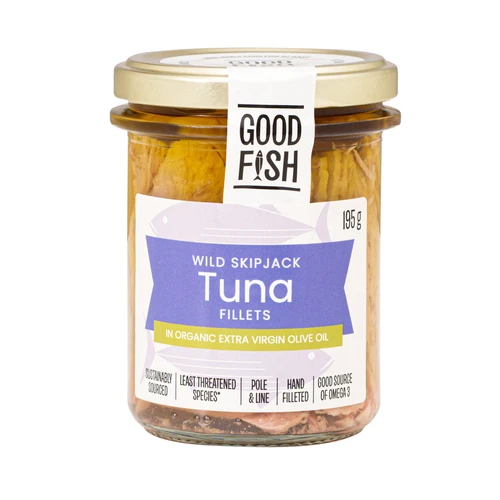 Skipjack TUNA Line Wild Caught in ORGANIC EV OLIVE OIL 195g Jar- Good Fish