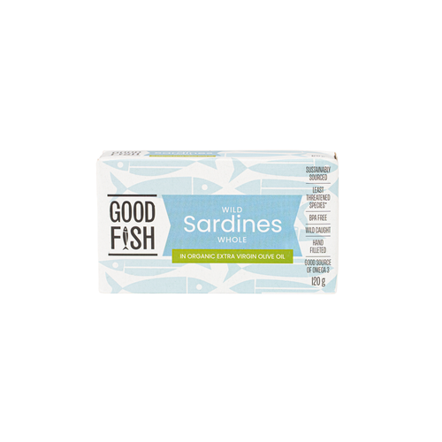 Sardines Line Wild Caught in ORGANIC EV OLIVE OIL 120g Tin - Good Fish