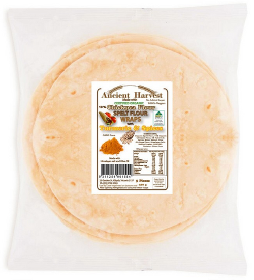 Wraps Sourdough SPELT CHICKPEA with Turmeric & Spices Frozen Organic 5 x Wraps 220g - Ancient Harvest
