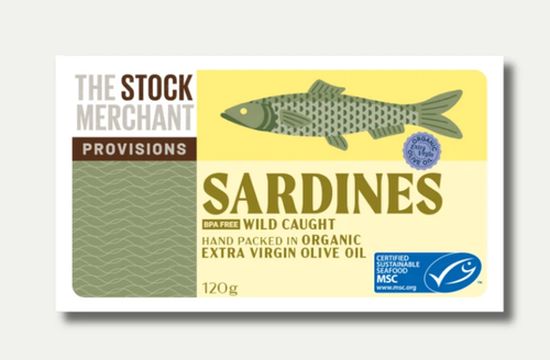 Sardines Wild Caught in ORGANIC EV OLIVE OIL 120g Tin - The Stock Merchant