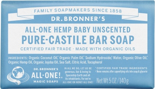 Unscented Baby Mild Castile Soap Bar 140g - Dr Bronner's