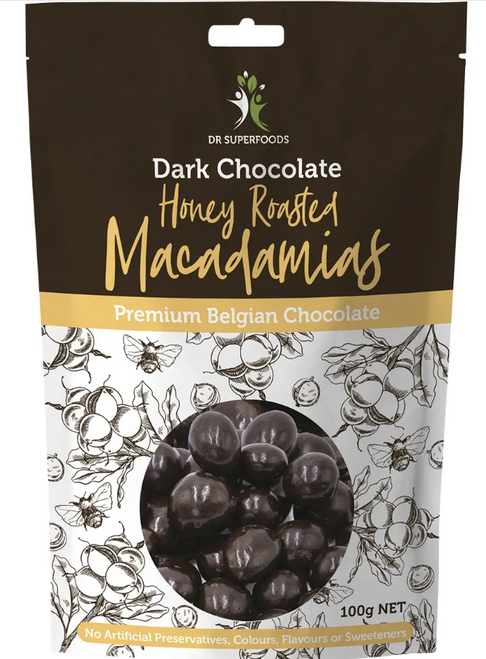 Honey Roasted Macadamias Dark Chocolate Coated pack 100g - Dr Superfoods