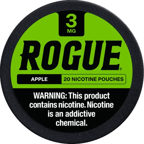 Rogue Apple nicotine pouches 5 can pack, orchard apple flavor with 3 mg and 6 mg dose options