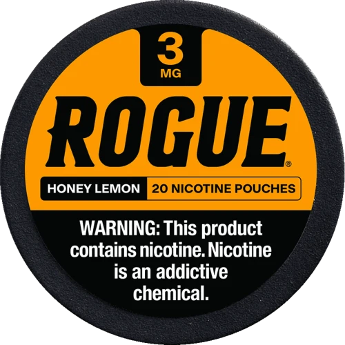 Rogue Honey Lemon nicotine pouches 5 can pack, sweet and tart pairing in 3 mg and 6 mg strengths
