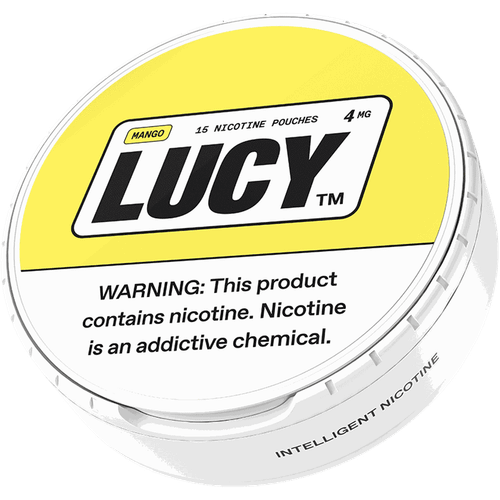Lucy Mango nicotine pouches 5 can pack, 75 tobacco-free fruit pouches in 4 mg and 8 mg