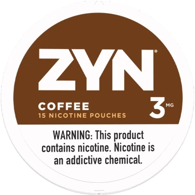 ZYN Coffee nicotine pouches 3 mg can atop the 5 can roll