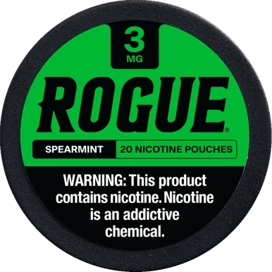 Rogue Spearmint nicotine pouches in a 5 can pack, garden mint flavor with 3 mg and 6 mg strengths
