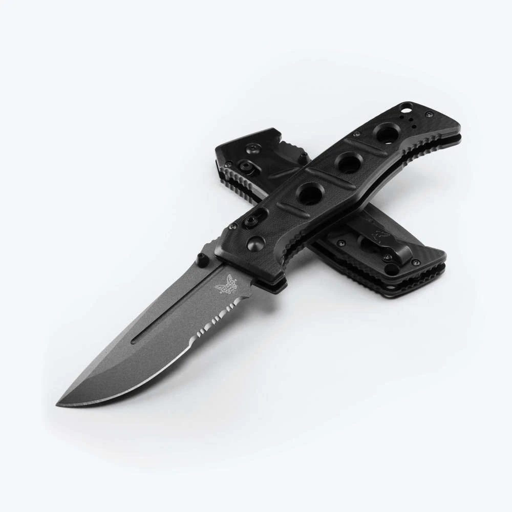 Benchmade Adamas AXIS Lock Folding Knife Gray Serrated Magnacut Drop Point/Black G-10 BM275SGY-03