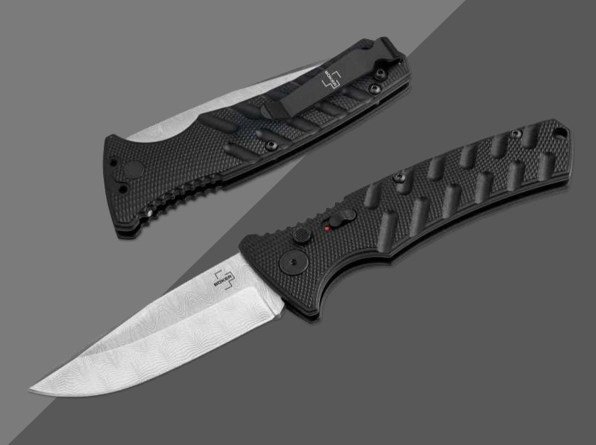 Boker Plus Strike OTS Auto Damast Blade Black Aluminum Handle