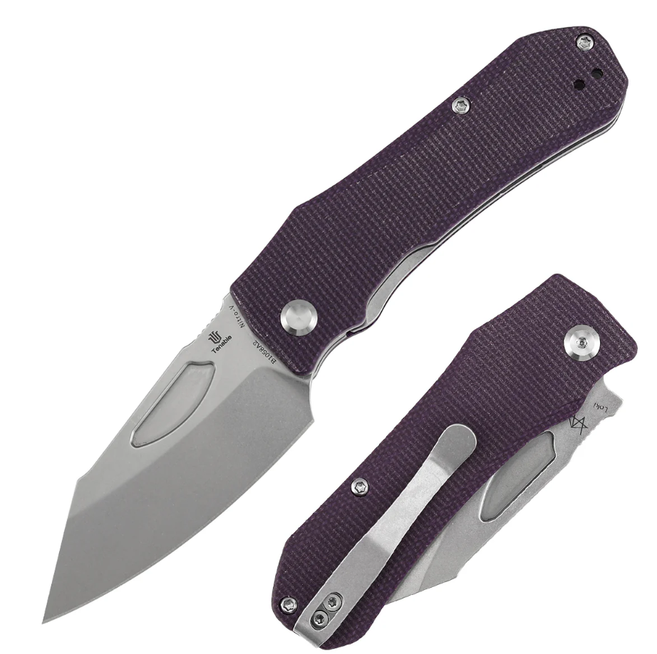 Tenable Loki Linerlock Folding Knife Stonewash Nitro-V/Purple Micarta B1058A2