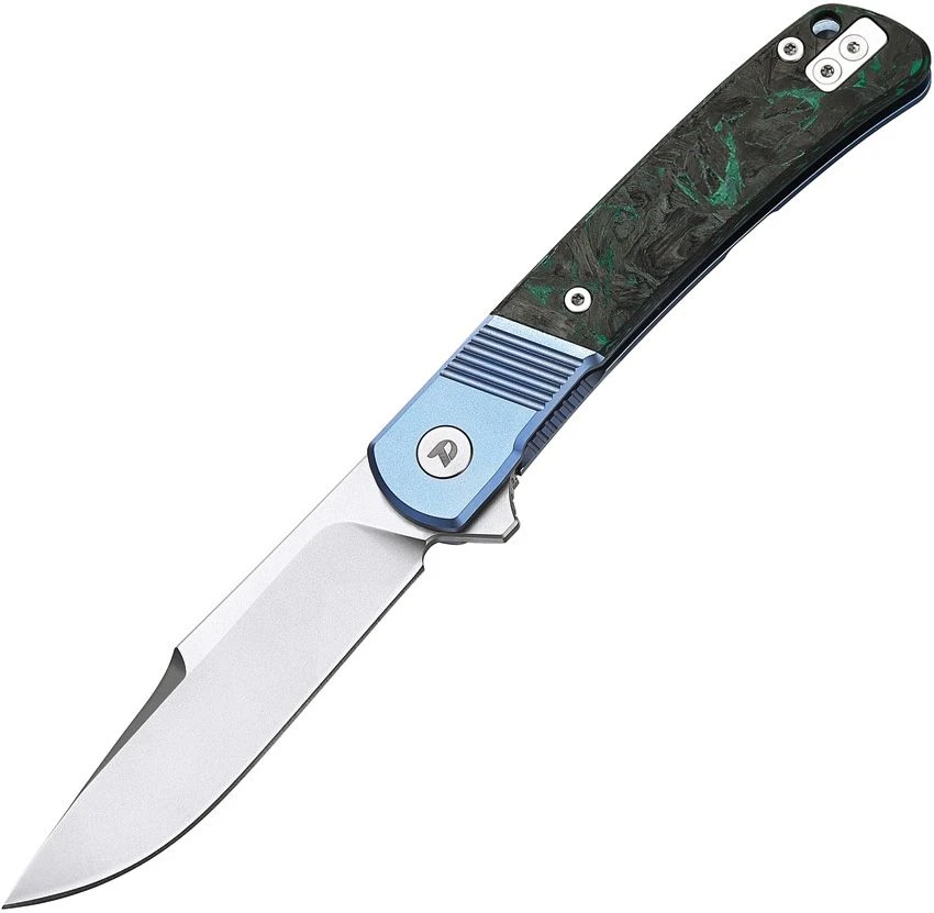 Dreamtech Blue Titanium Green Carbon Fiber D2 Flipper Framelock Knife