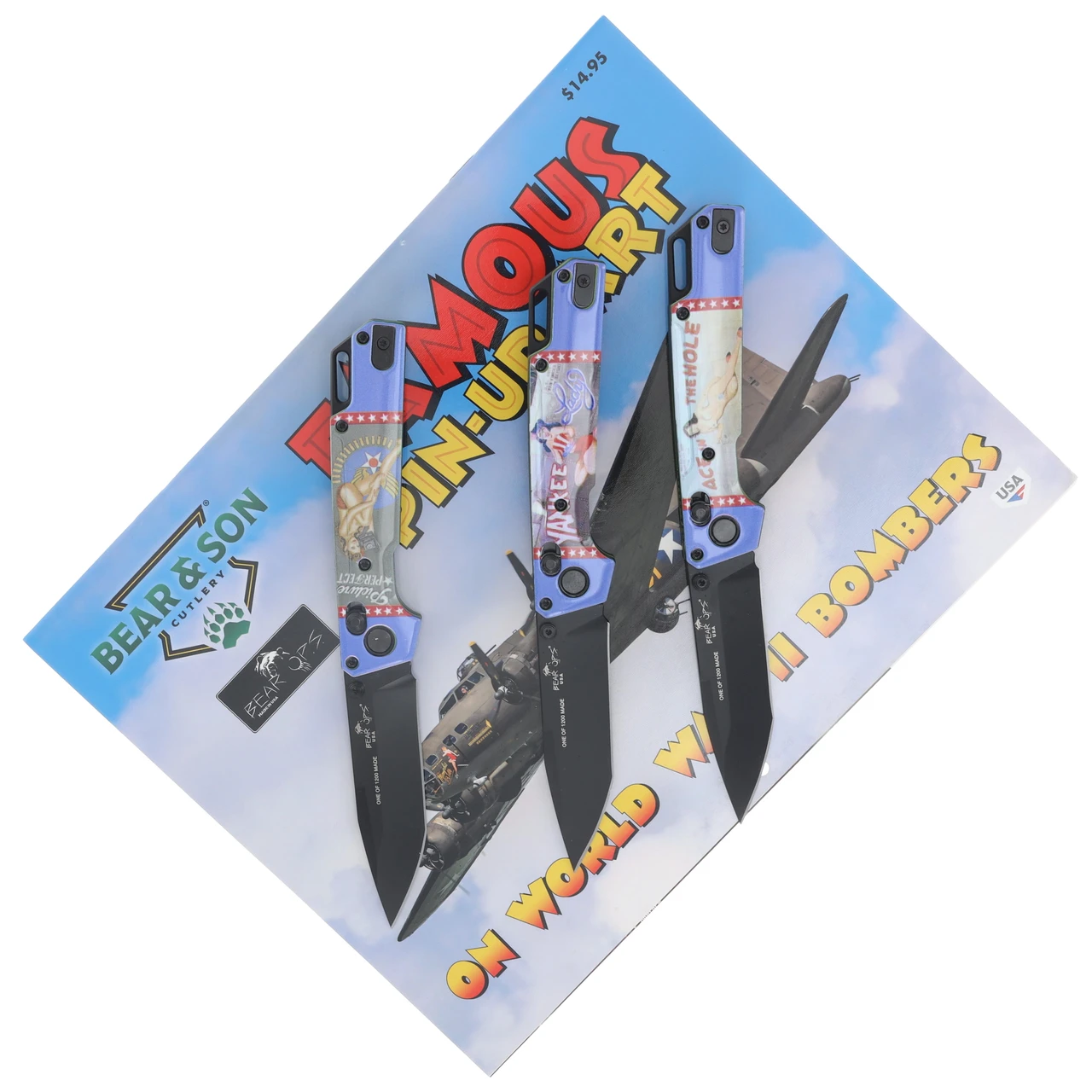 Bear & Son Famous Pin-Up Art On World War II Bombers 3PC Folding Knife Set April-May-June U26AMJC