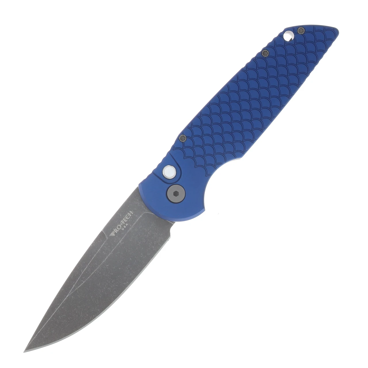 Pro Tech Auto TR3.1 Blue Handle With Fish Scale Engraved Frame Acid Wash 154cm Blade BSA26.TR3.1