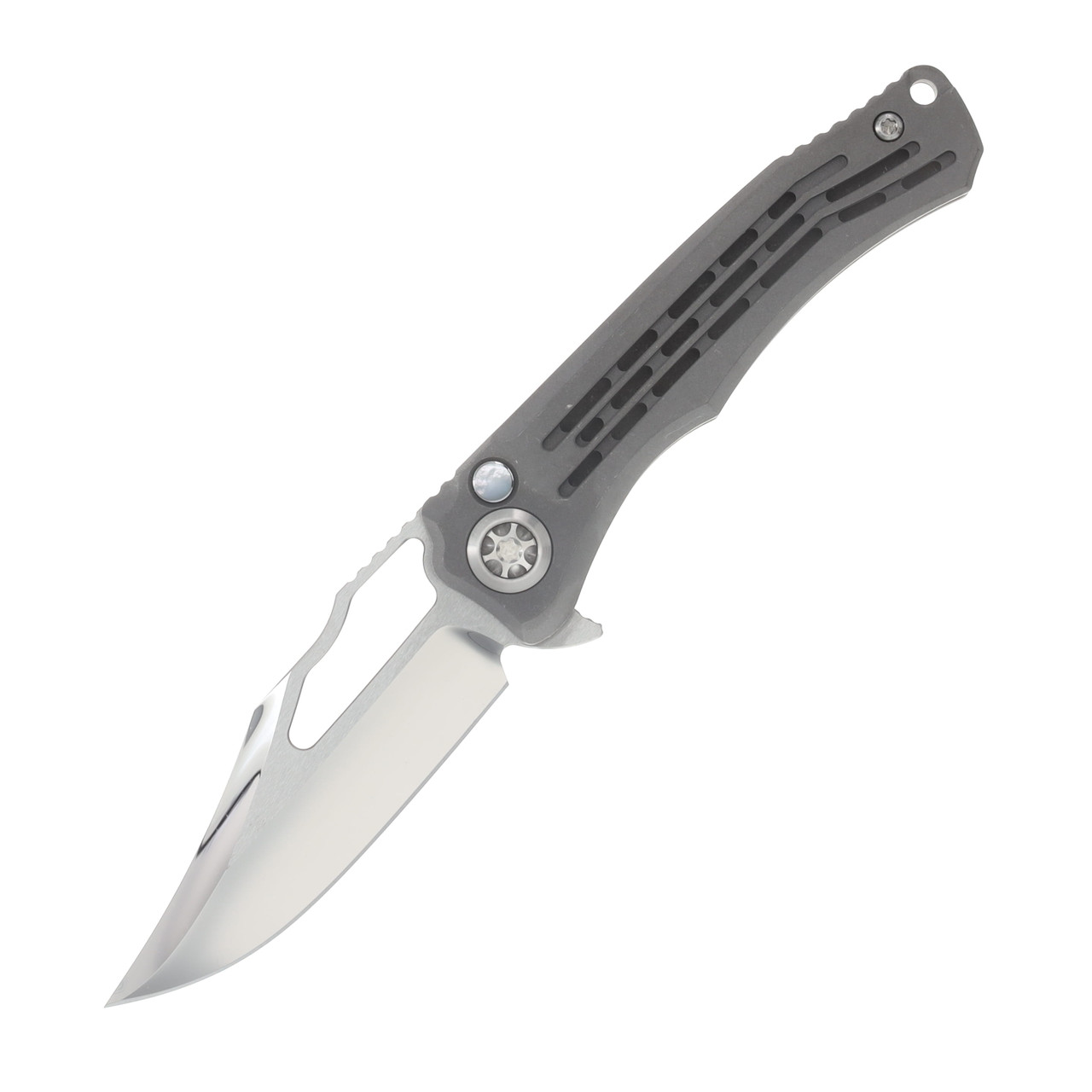 Heretic Knives Wraith Manual Vented Distressed Titanium Mother Of Pearl Button Inlay Hand Ground Bowie Cracked Ice M390 Blade HKWVDT