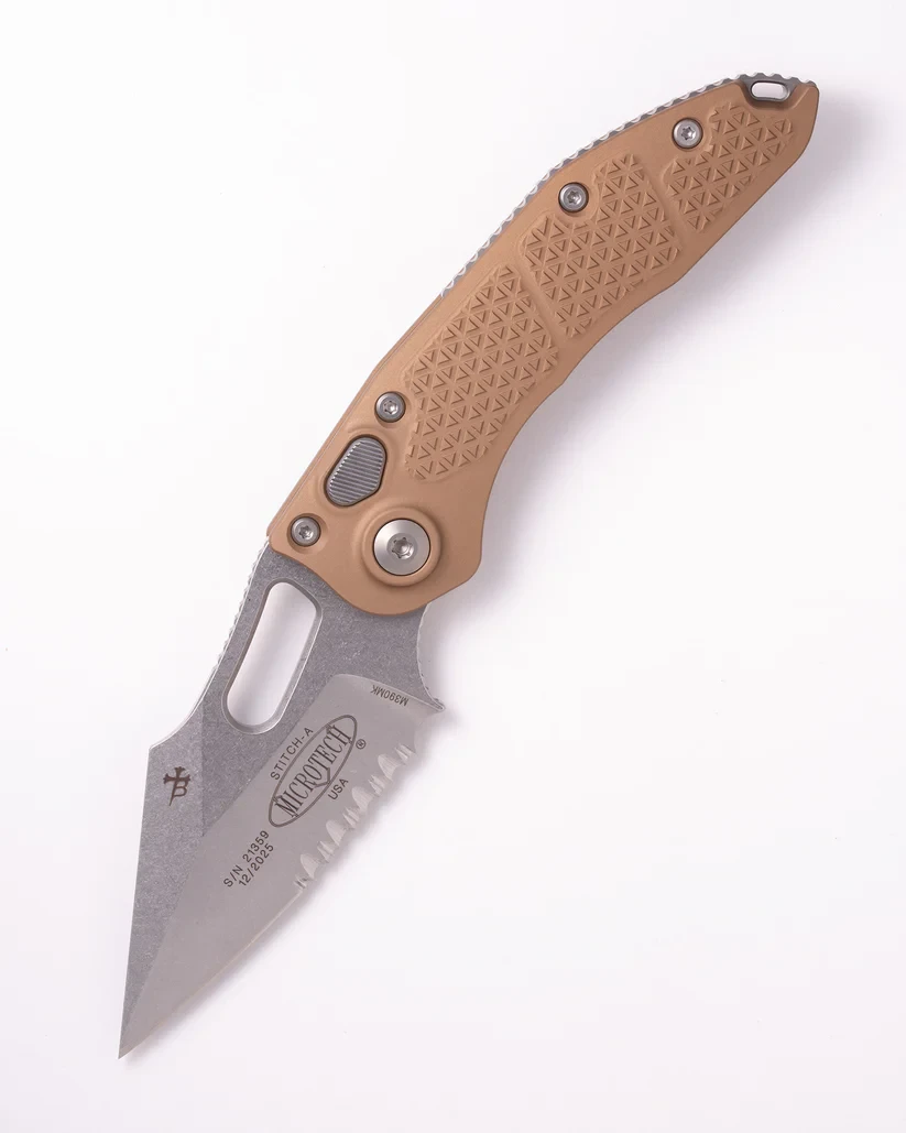Microtech Stitch OTS Auto S/E Stonewash Part Serrate Brown